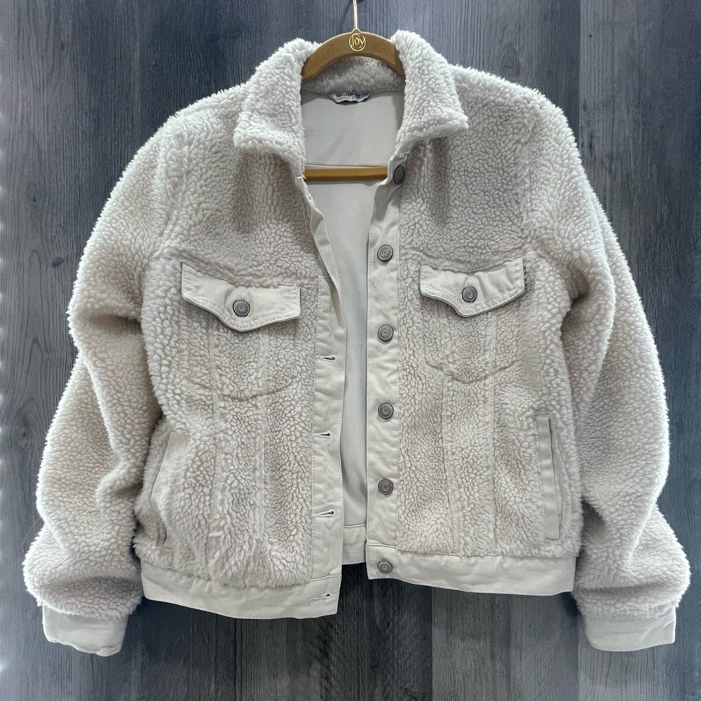 Womens Highway Jeans Sherpa Trucker Jacket Beige Waist Length Button Front Large